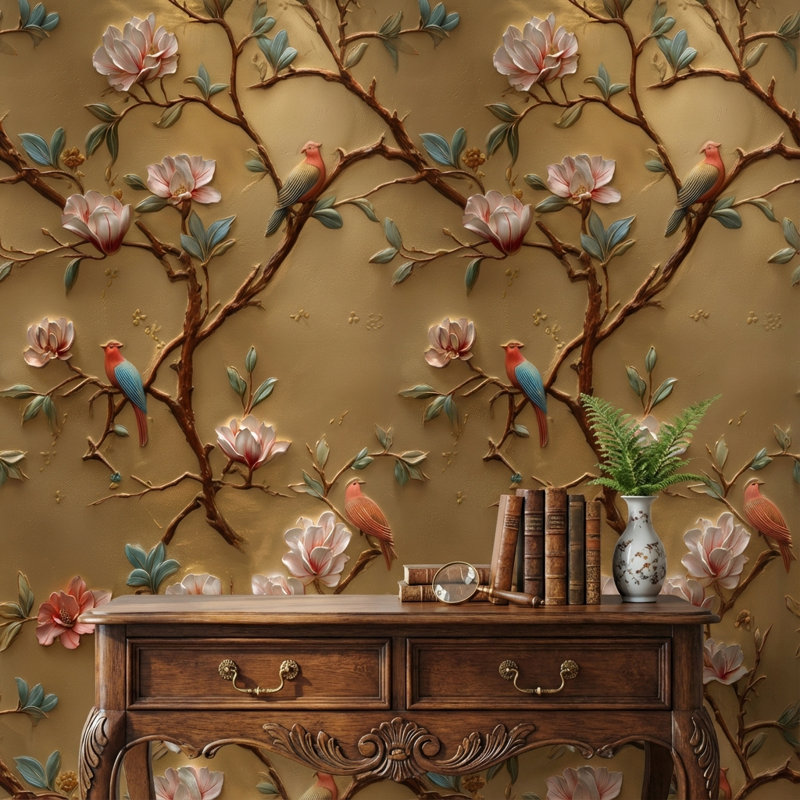 Papier peint floral avec oiseaux or