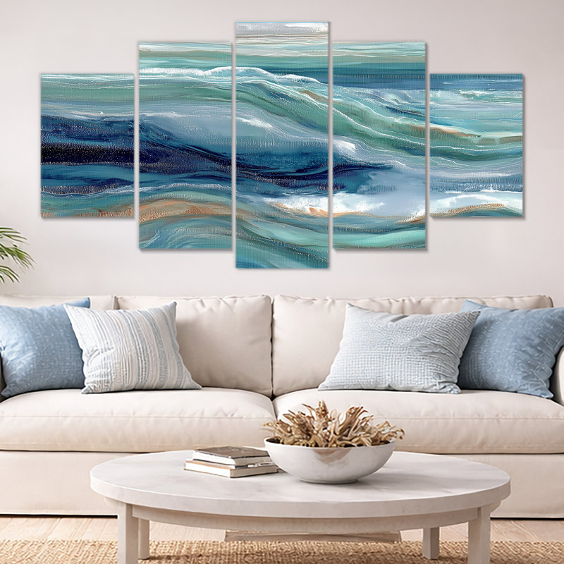 Green Blue Abstract Liquid River - Coastal Canvas Prints, Coastal Wall Art 5 Piece