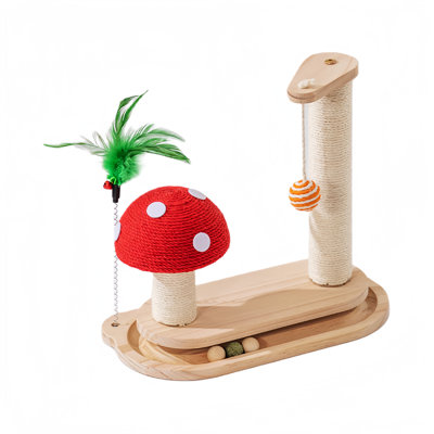Natural Wood Cat Scratching Post with Mushroom Scratcher, Sisal Tower, Interactive Toys and Ball Track for Indoor Cats