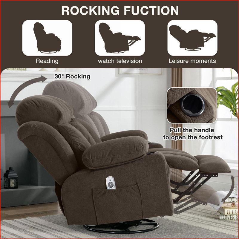 Fauteuil inclinable avec rotation / rotation à 360 °, massage chauffant, port USB, porte-gobelets | Velours noyer brun, Brun
