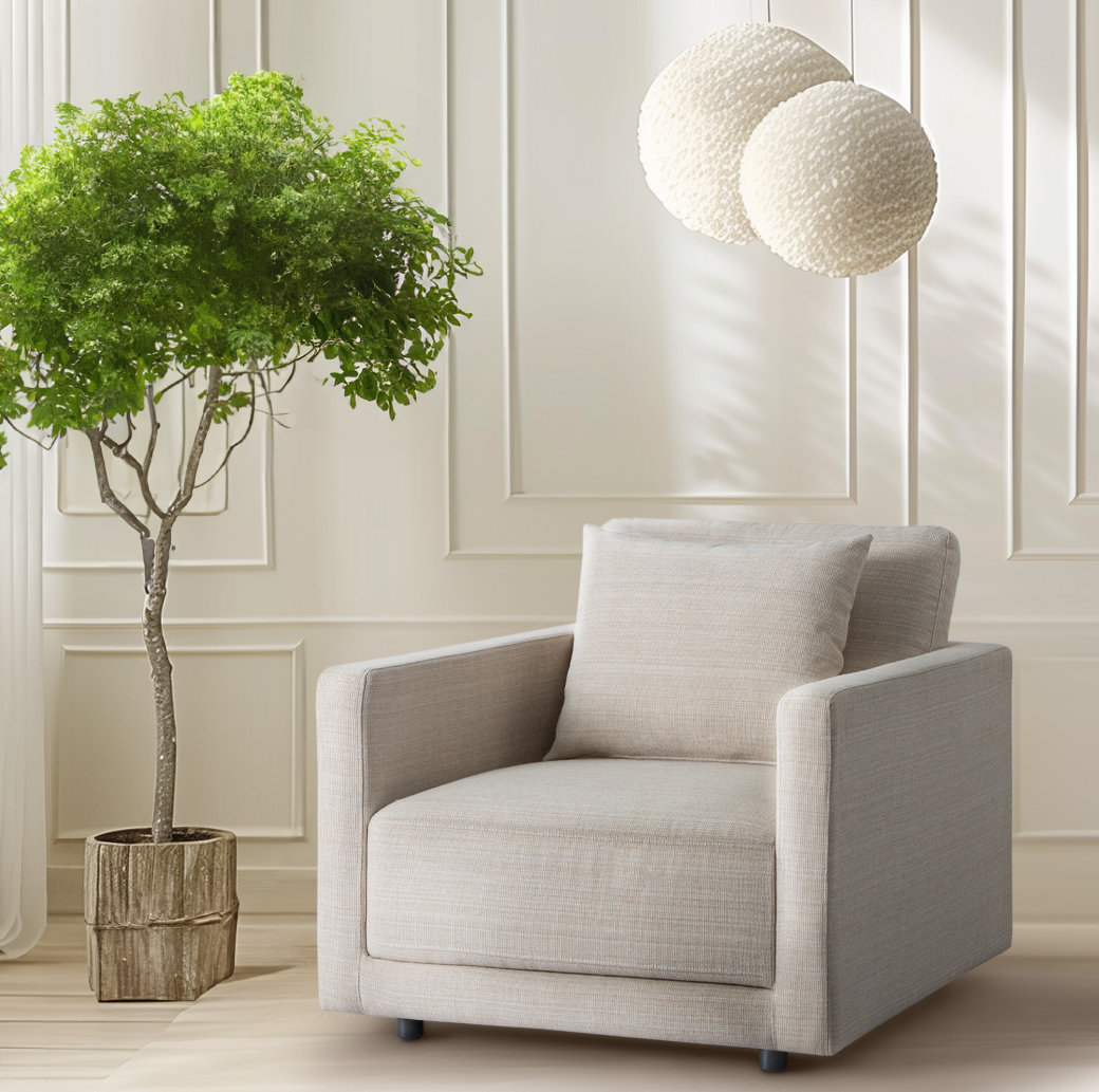 Kenji Oak Armchair, Cream Performance Basketweave