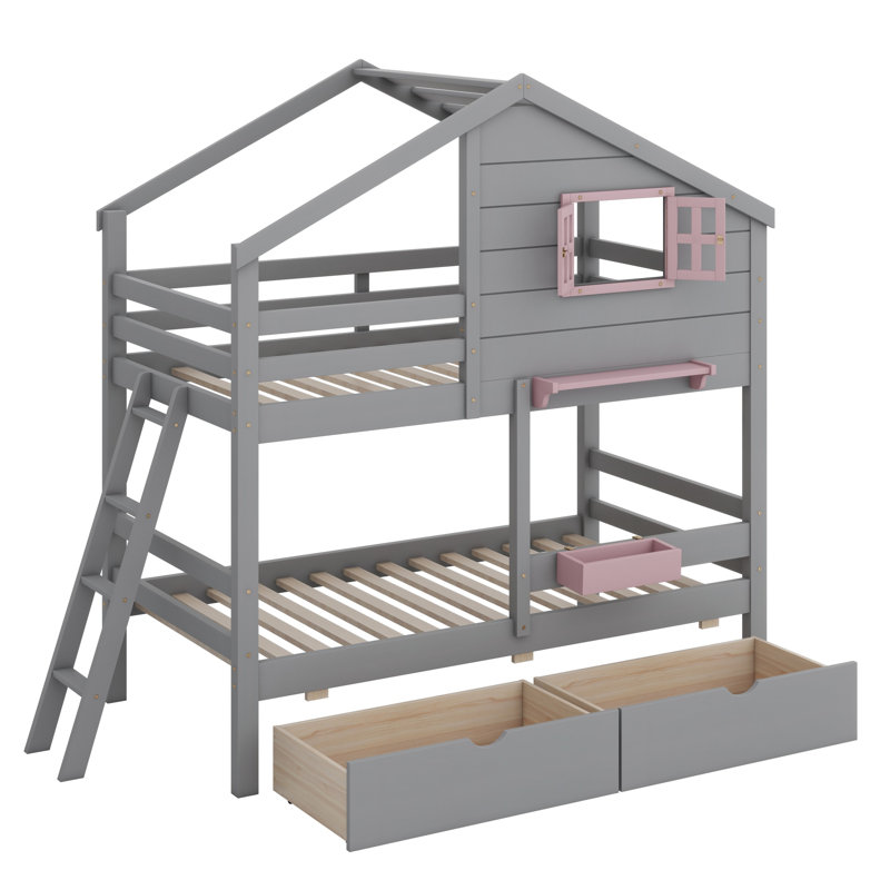Lit superposé avec 2 tiroirs, 1 boîte de rangement, 1 tablette, fenêtre et toit, Gris