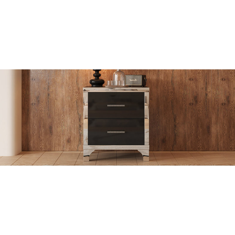 Elegant High Gloss Nightstand With Metal Handle, Black