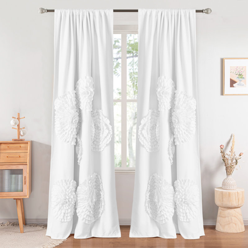 Large Floss Embroidered Flower Curtain Panel With Blackout Lining - 54X84 Inches, Machine Washable, White