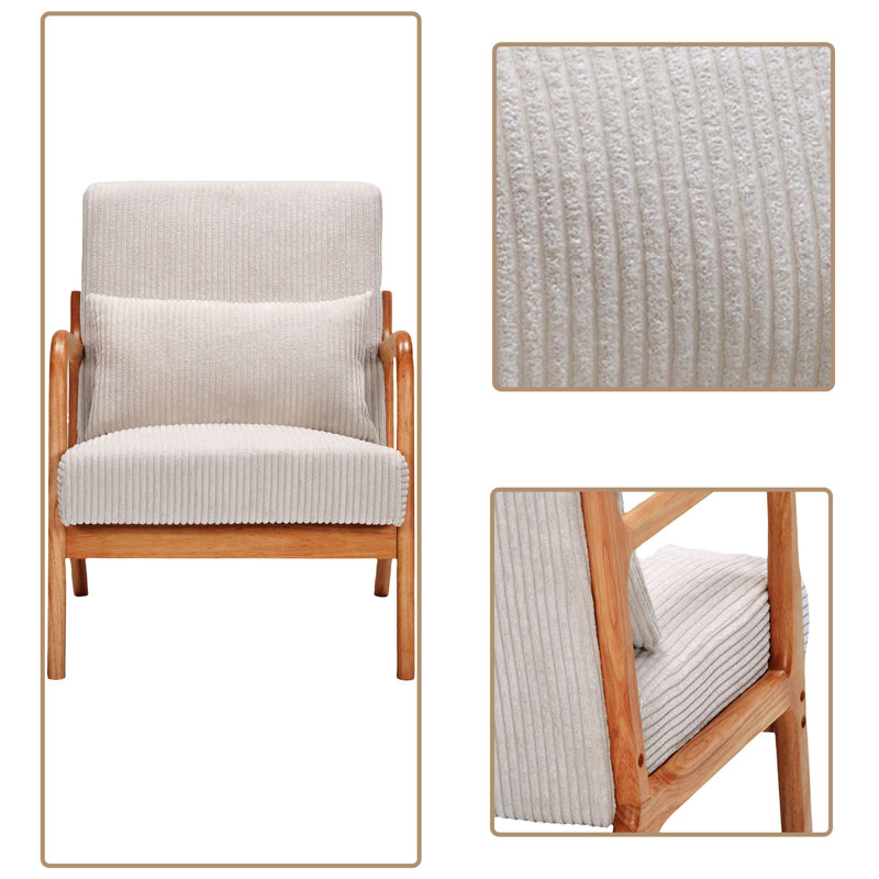 Polyester Fabric Upholstered Accent Chair With Solid Rubberwood Frame Armrests Legs, Light Brown, Beige
