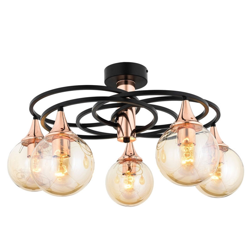 Industrial-Style Chandelier, Black & Bronze, 23.6 x 23.6 inches | Metal Body with Glass Cap, 5 x E27 Sockets (Max 6W) | Modern Lighting Fixture for Home, Office & Dining Spaces, IP20 Rated, Unique Design