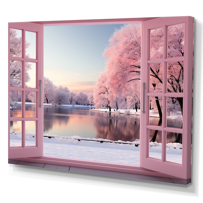 «Pink Winter Window By The Lake», art mural paysage d'hiver, H 34 po x l 44 po x P 1,5 po, Toile tendue