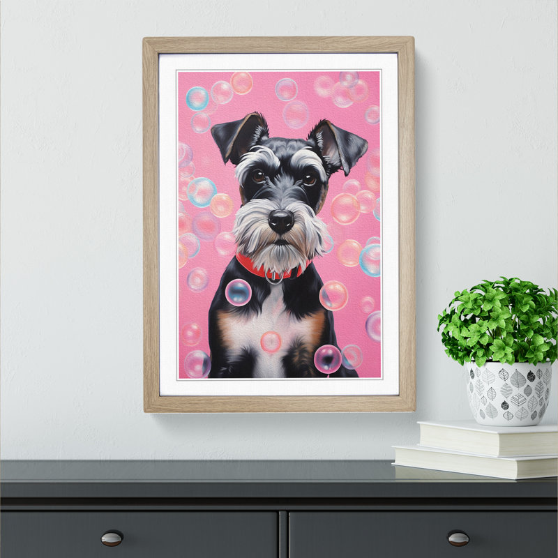 Schnauzer Bubble Gum Painting - Single Picture Frame Print on Wood, 64cm H x 46cm W x 2cm D, Oak