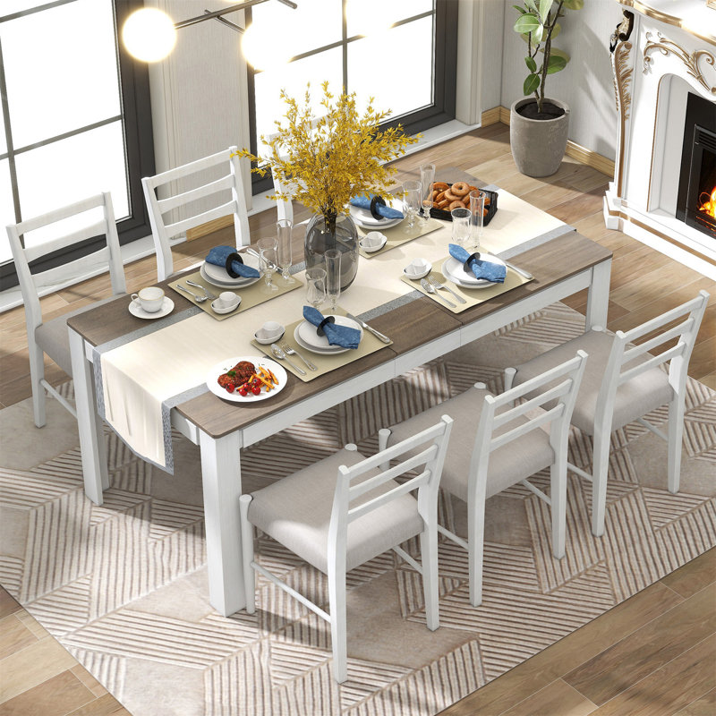 7-Piece Wooden Dining Table Set Mutifunctional Extendable Table With 12" Leaf And 2 Drawers, 6 Dining Chairs With Soft Cushion