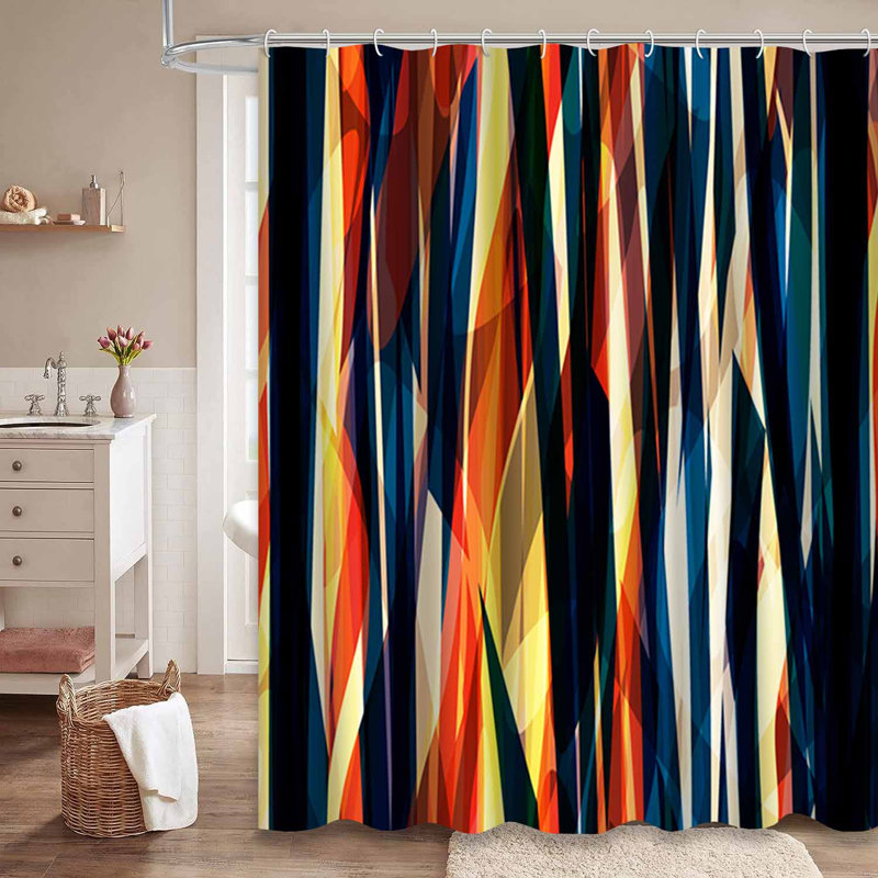 Rideau de douche abstrait rayé noir, jaune, orange et bleu avec 12 crochets, L 72 po x l 72 po