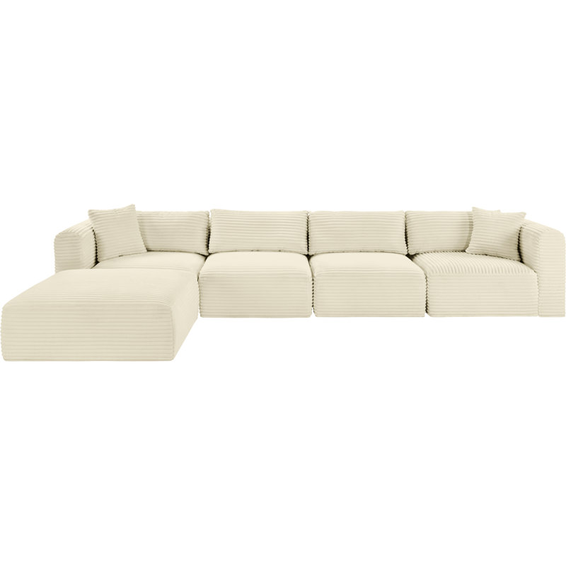 Canapé modulaire en L Carmean Performance, Velours côtelé texturé crème, 2 repose-pieds, 2 sans accoudoirs, 1 repose-pieds