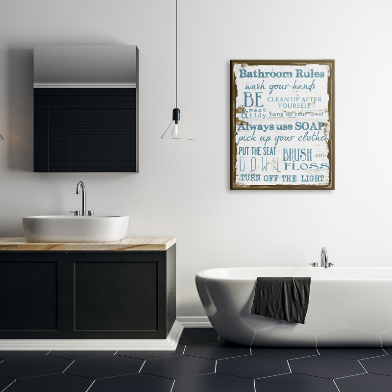 «Brown and Blue Classic Bathroom Rules» par Taylor Greene - impression, Plaque murale, H 40 po x l 30 po