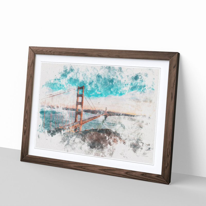 The Golden Gate Bridge in San Francisco Bay Watercolour - Picture Frame Graphic Art Print, 36cm H x 48cm W x 2cm D