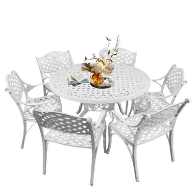 Ensemble de salle à manger 7 pièces pour 6 personnes, table de patio et chaises en aluminium bronze, table ronde de 48 po avec trou pour parasol