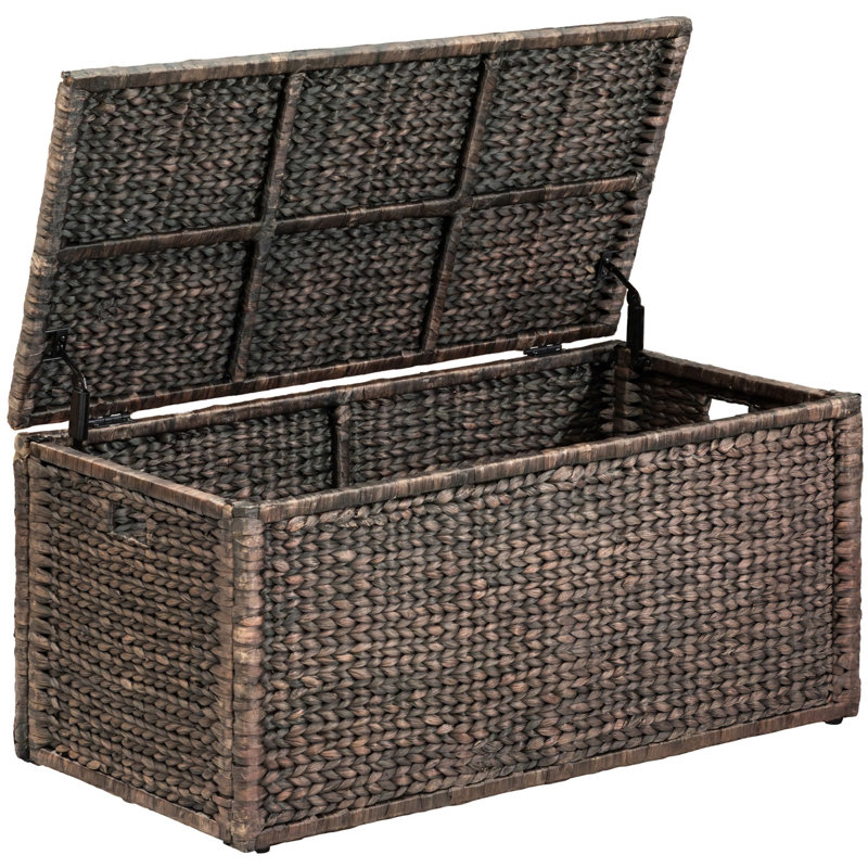 Coffre de rangement robuste en osier de jacinthe d'eau Ved avec 2 charnières de sécurité et cadre en métal, H 18,5 po x l 42 po x P 20 po, délavé brun