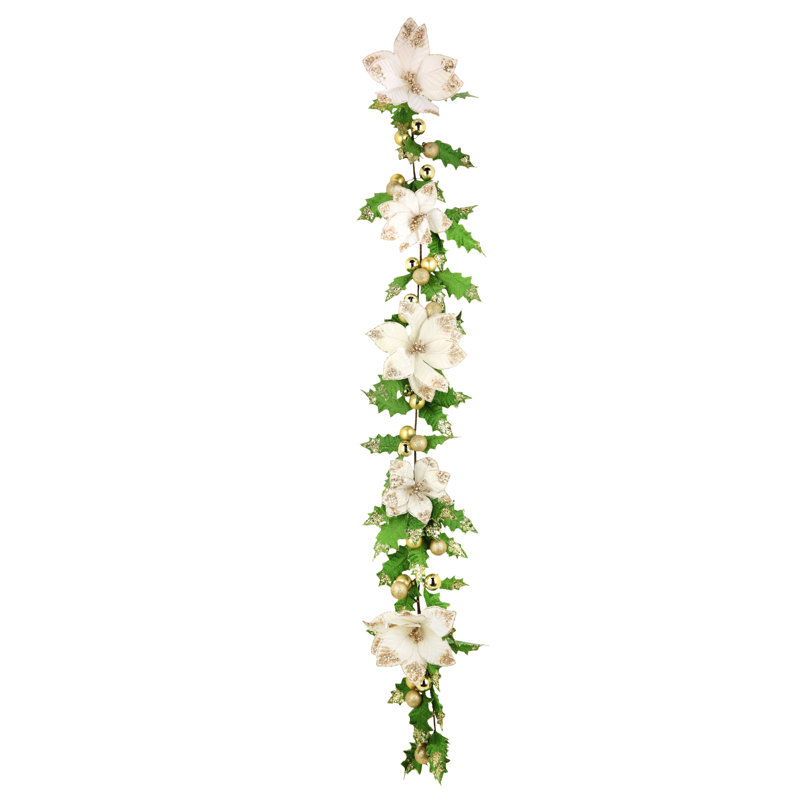 Holly Leaf With Balls And Poinsettia Garland - 6 Feet Set Of 2