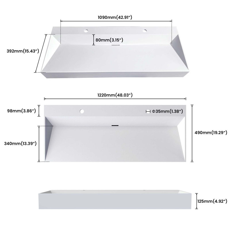 Lavabo à surface solide avec deux trous de robinet et égouttoir intégré