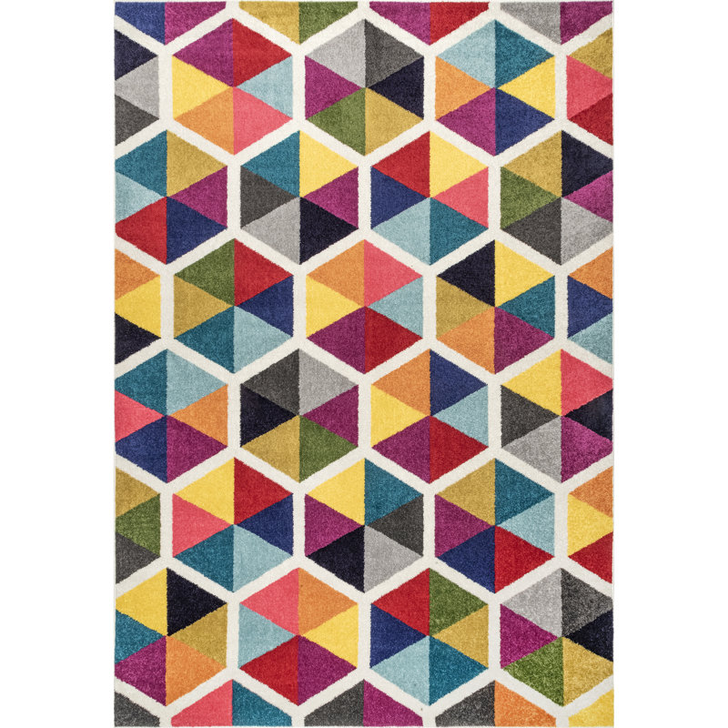 Sesto Geometric Power Loom Performance Pink/Yellow/Blue/Black Rug, Rectangle 5' x 8'