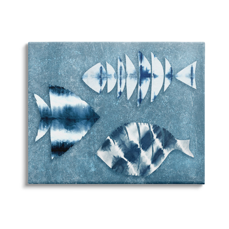 " Abstract Fish Silhouette Shapes Blue Tie Dye Pattern " by Ziwei Li, Coastal White Framed Giclee, 36" H x 48" W x 1.5" D