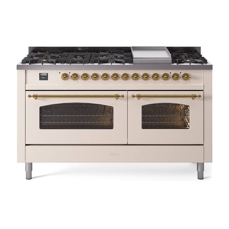 ILVE Nostalgie II 60 Dual Fuel Range, 9 Burners, Griddle, Natural Gas, Antique White/Brass
