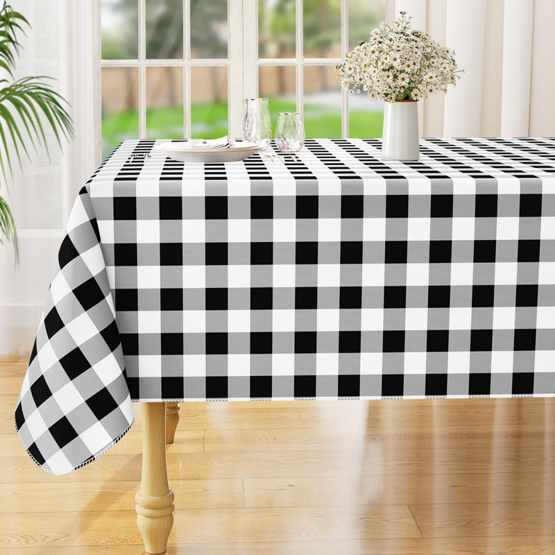 Rectangle Waterproof Vinyl Table Cloth, Buffalo Flannel Backed Tablecloth, Wipeable Plastic Table Cover (60" X 84", Black And White)