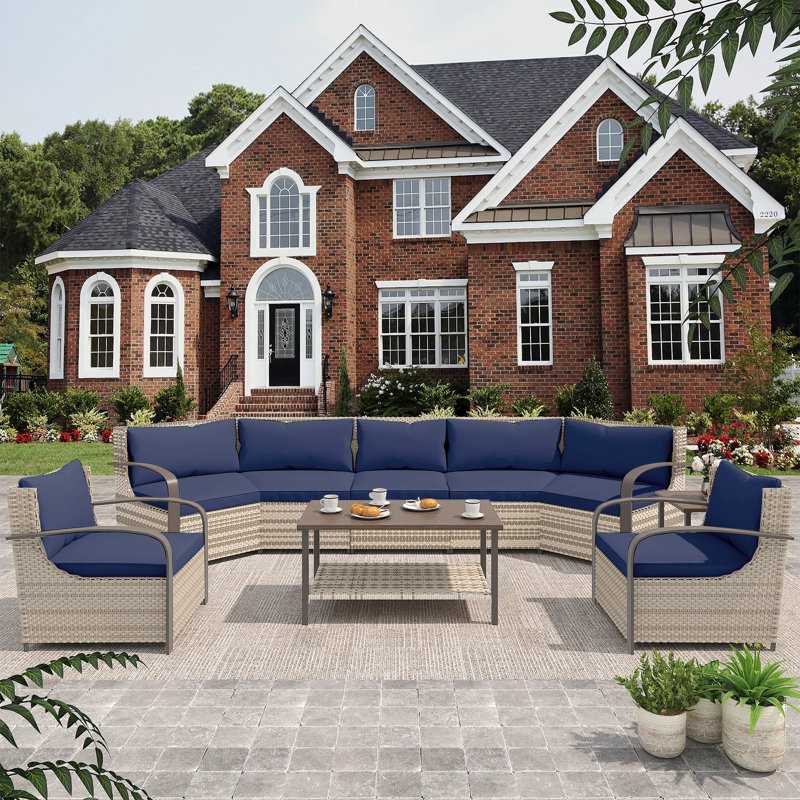 7-seater Patio Furniture Set, 7 Pieces Wicker Sofa with 2 Armchairs, Double-layer Coffee Table and  Ended Table, Blue