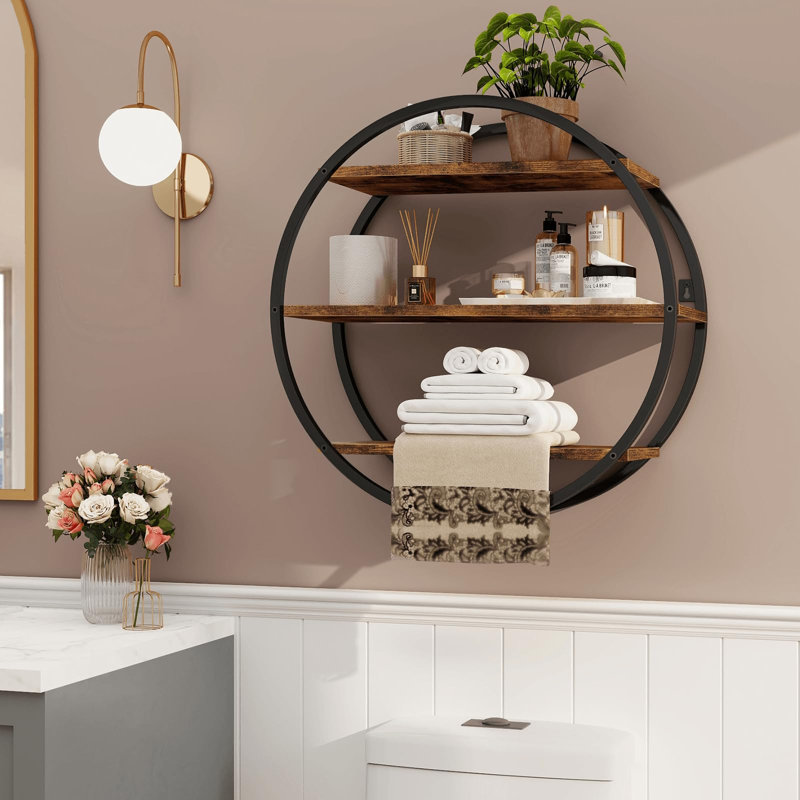 Tablettes flottantes, étagère murale décorative ronde en métal et bois à 3 niveaux, étagère de salle de bain ronde, brun rustique