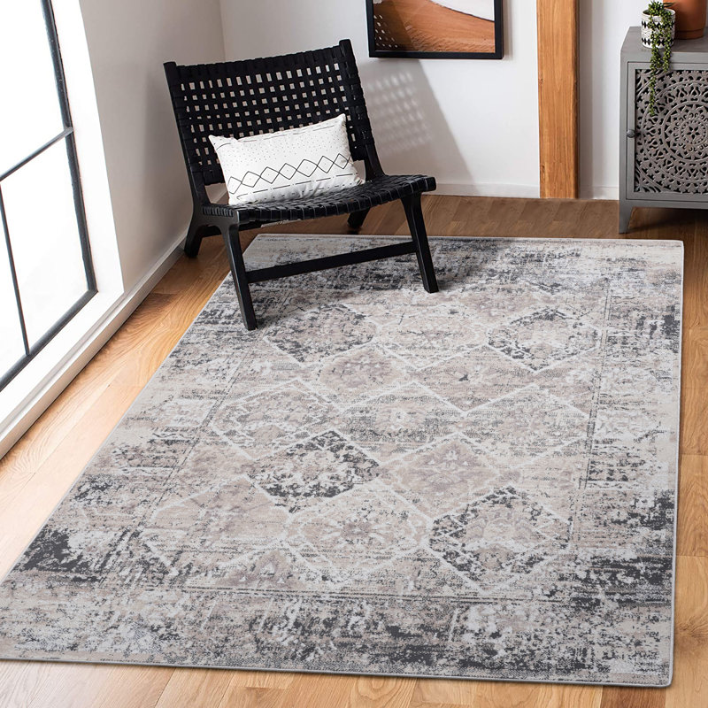 Naar Payas Area Rug, Cream/Anthracite/Traditional Power Loom Machine -Crafted Rug, Rectangle 6'7" x 9'
