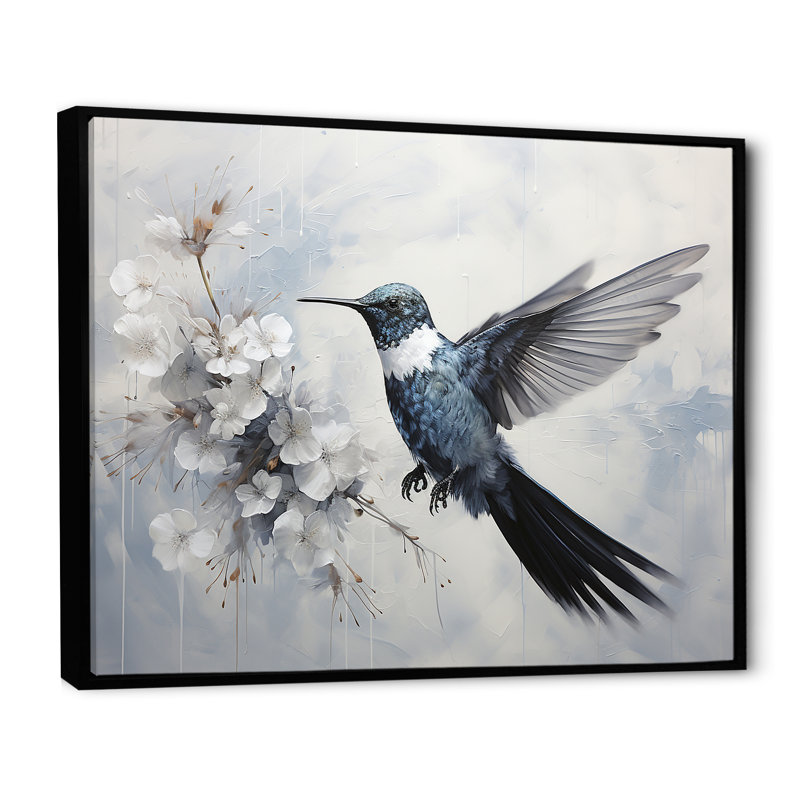 Colibri harmonie florale I sur toile, Cadre flottant noir, H 24 po x l 32 po x P 1 po