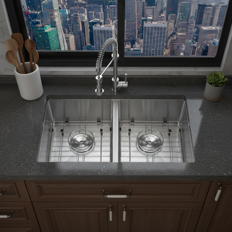 Double Bowl Undermount Kitchen Sink, Stainless Steel with Brushed Finish, 36 × 19 × 10 in., 2.0mm Rim & 1.0mm Bowl Thickness, Modern Kitchen