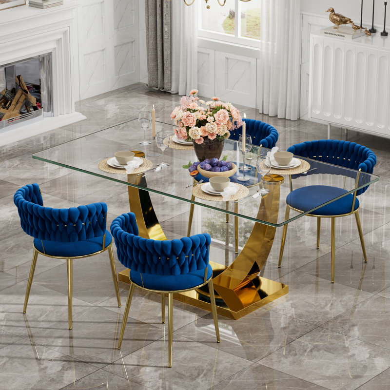 Ensemble de salle à manger à piédestal rectangulaire avec chaise de salle à manger en velours Modern Weaven, Bleu, Doré