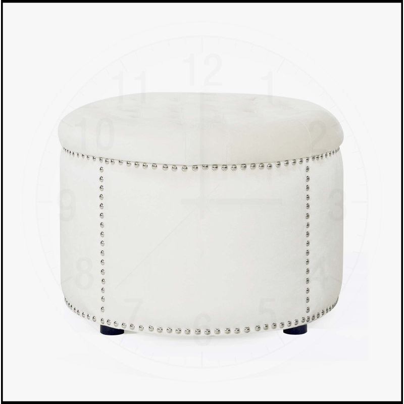 Repose-pieds rond luxueux en velours émeraude avec rebord clouté pour siège supplémentaire et repose-pieds confortable, Beige