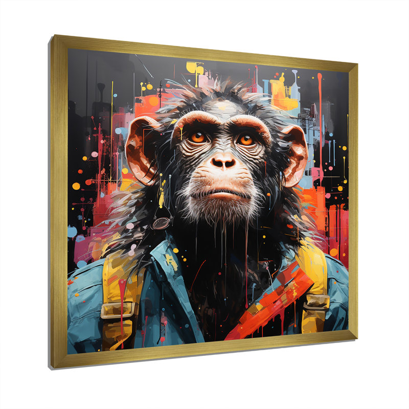 Paysage urbain noir Popart Chimp Trek - art mural singe, H 36 po x l 36 po x P 1,5 po, Cadre doré simple