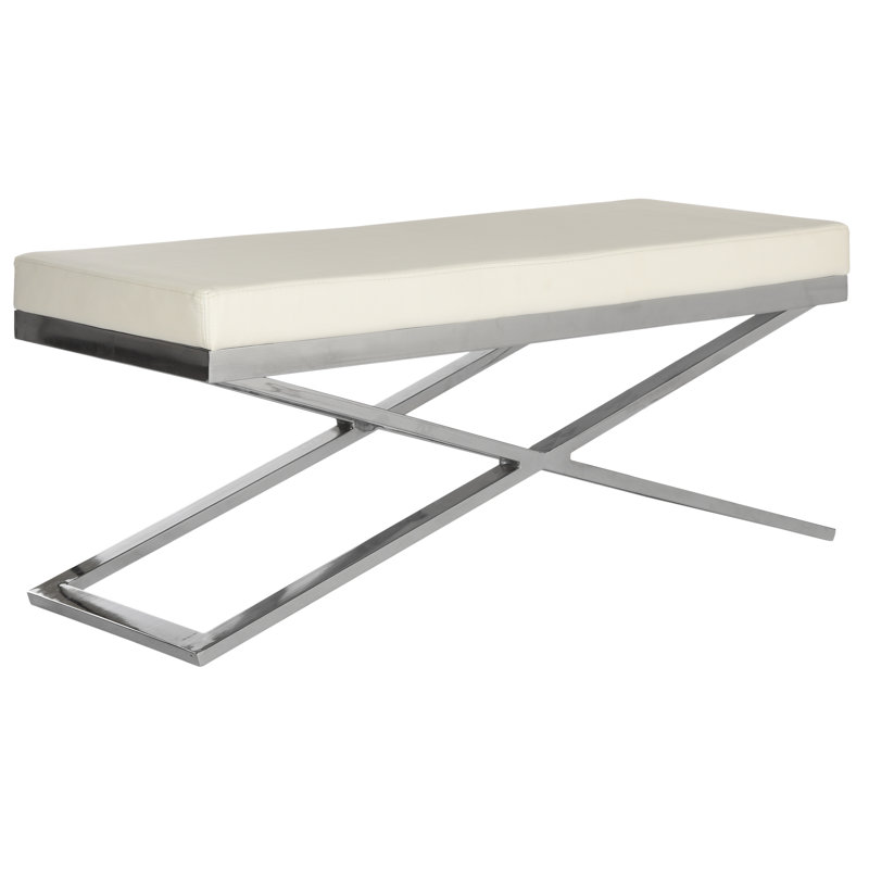 Serena Faux Leather Upholstered Bench, White/Silver