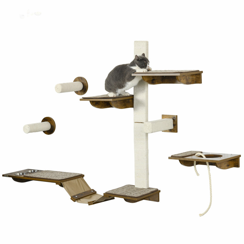 PawHut Cat Wall Shelves with Perches, Scratching Posts, Ladder, and Feeder Bowls for Climbing, Sleeping, and Playing