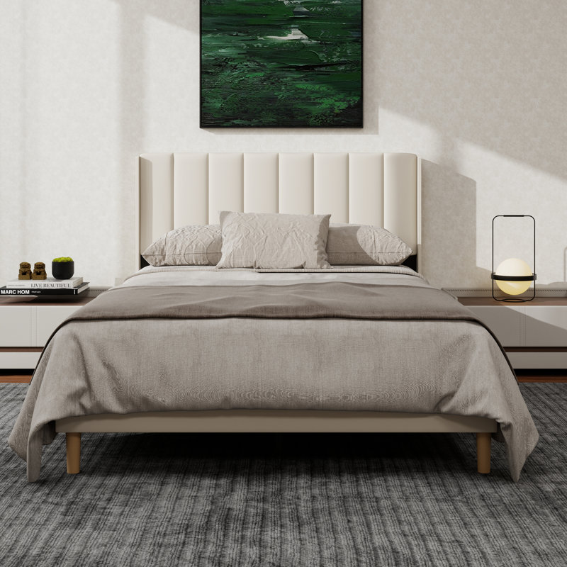 Structure de lit plateforme tapissier avec oreilles, Beige, Lit double