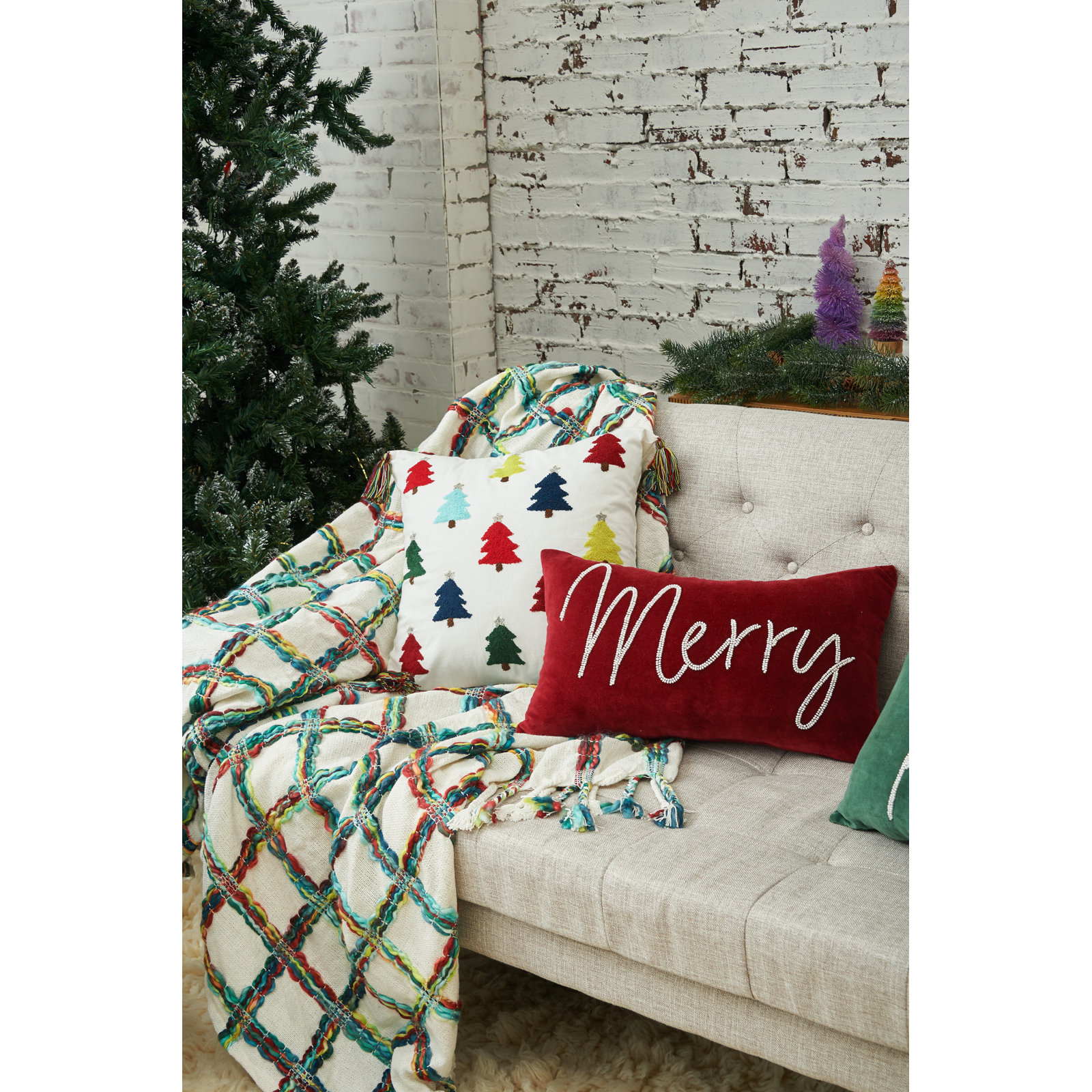 Merry Red Velvet Beaded Christmas Throw Pillow