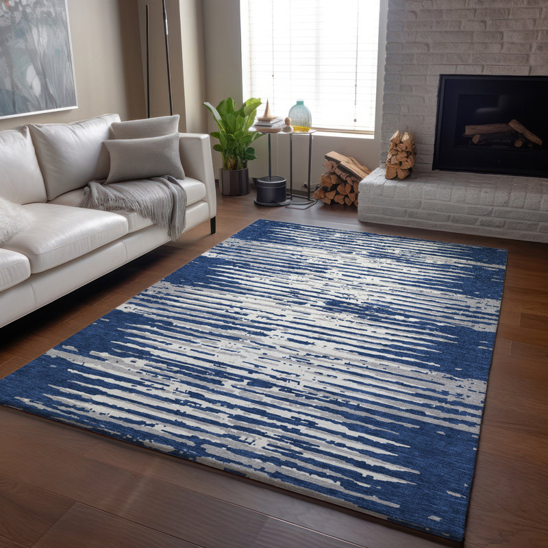 Tapis bleu marine de qualité supérieure lavable à la machine Prisco, Rectangle 10 pi x 14 pi