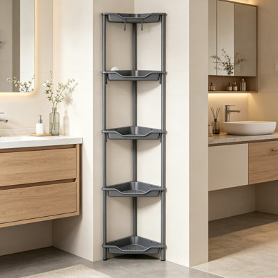 Organisateur de chariot de douche sur pied à 5 niveaux, support de tablette d'épissure en plastique en métal avec cadre antirouille, espacement de grandes couches et trous de drainage pour le rangement de la salle de bain, gris