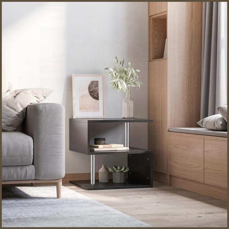 Table basse de 20 po en forme de S noire avec rangement à 3 niveaux, poteaux en acier et surface facile à nettoyer, Noir