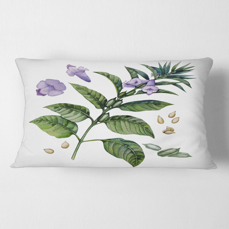 Rectangle, fleurs de sésame mauves avec feuilles vertes - coussin décoratif traditionnel