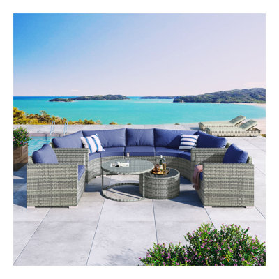Ensemble de canapé d'extérieur en demi-lune, ensemble de canapés rond, canapé de style moderne, osier gris et coussin bleu GO 9 pièces
