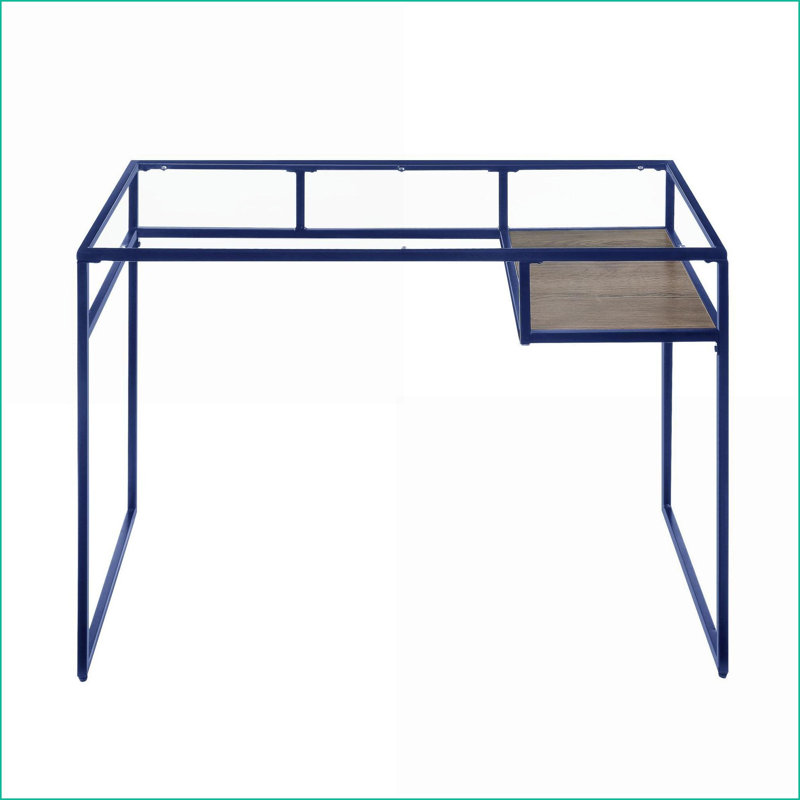 Bureau d'écriture moderne avec plateau en verre transparent Rangement ouvert | Bleu | Métal