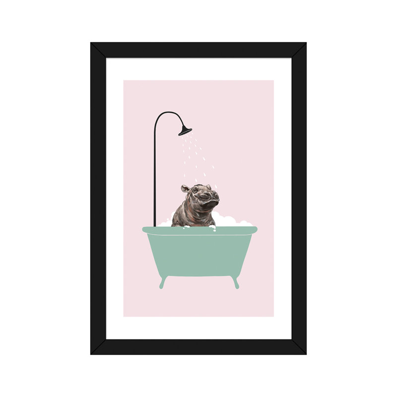 Hippopotame dans une baignoire, art encadré, H 24 po x l 16 po x P 1 po, Papier avec cadre noir