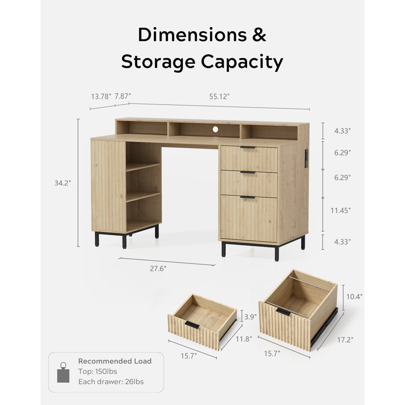 55" Fluted Executive Office Desk With Storage Shelf & File Drawer, Light Oak