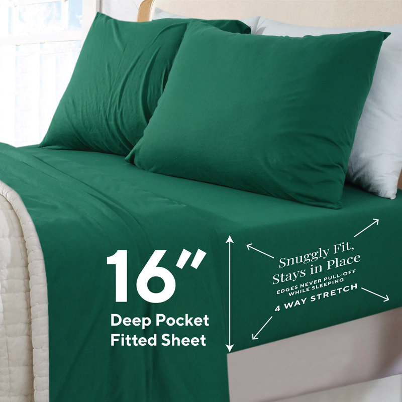 Ensemble de draps en jersey respirant 100% coton jersey | Toutes saisons, vert foncé, Double, Vert foncé