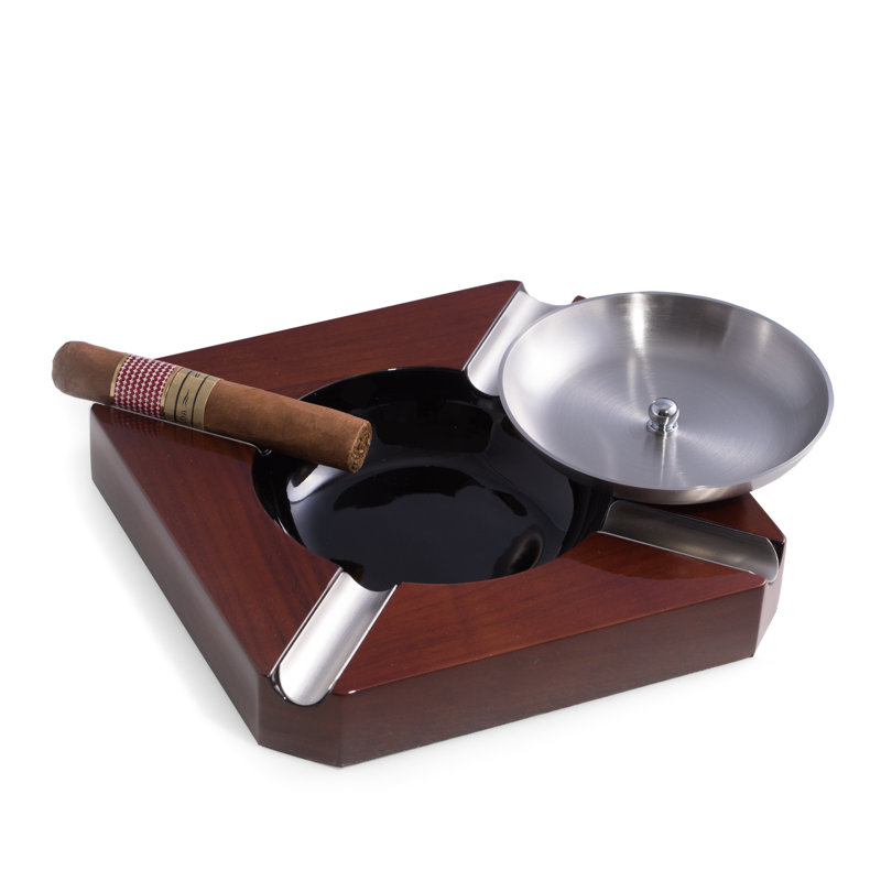 Elegant Stainless Steel and Walnut Wood Cigar Ashtray