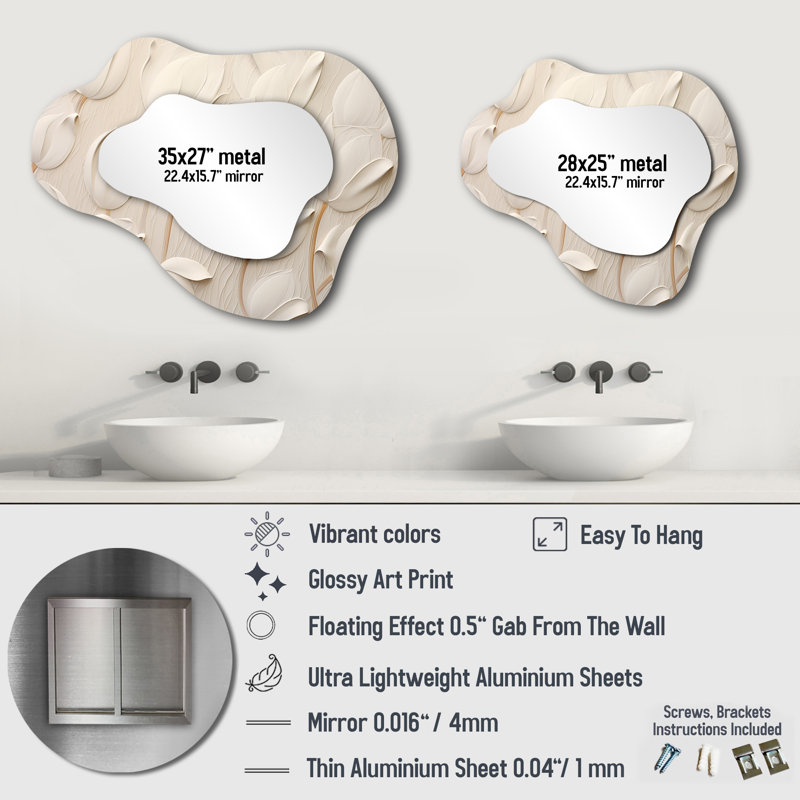 Minimalism White Tulips Symphony - Tulips Cloud Mirror, Beige Asymmetrical Unique Wall Mirror, Printed Metal Art, 25" x 28"