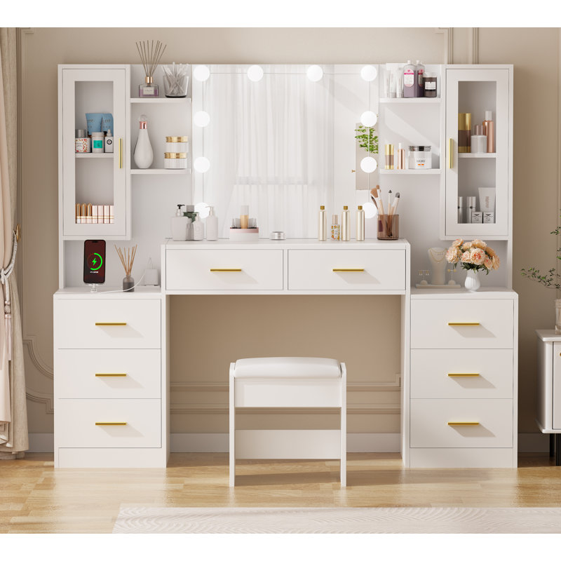 59.1" Large Vanity Desk Table With Mirror & Lights, White Makeup Vanity With Power Outlet And 8 Drawers 2 Cabinets