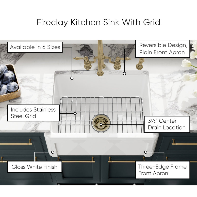 Whitehaus Collection Reversible Fireclay Kitchen Sink with Grid: Three Edge Frame, Plain Front Apron, 10" H x 27" L x 18" W